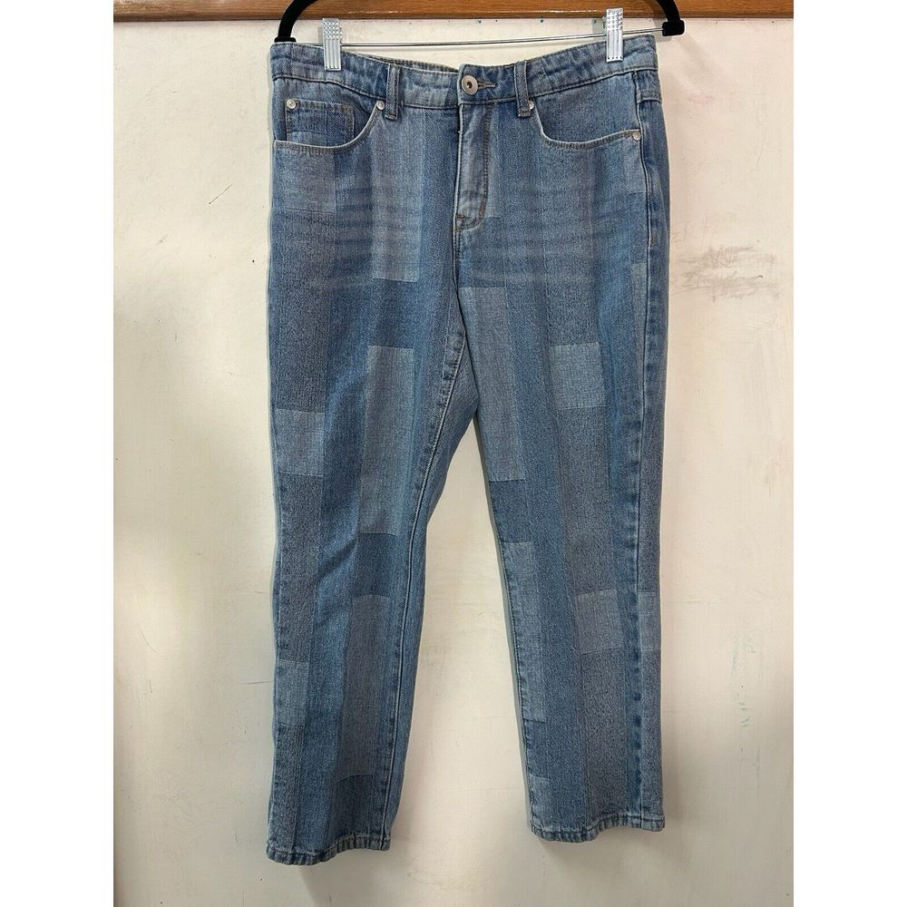 Tribal Jeans 8 Audrey Mid-Rise Straight Crop Light Wash Raw Hem Pants Patchwork